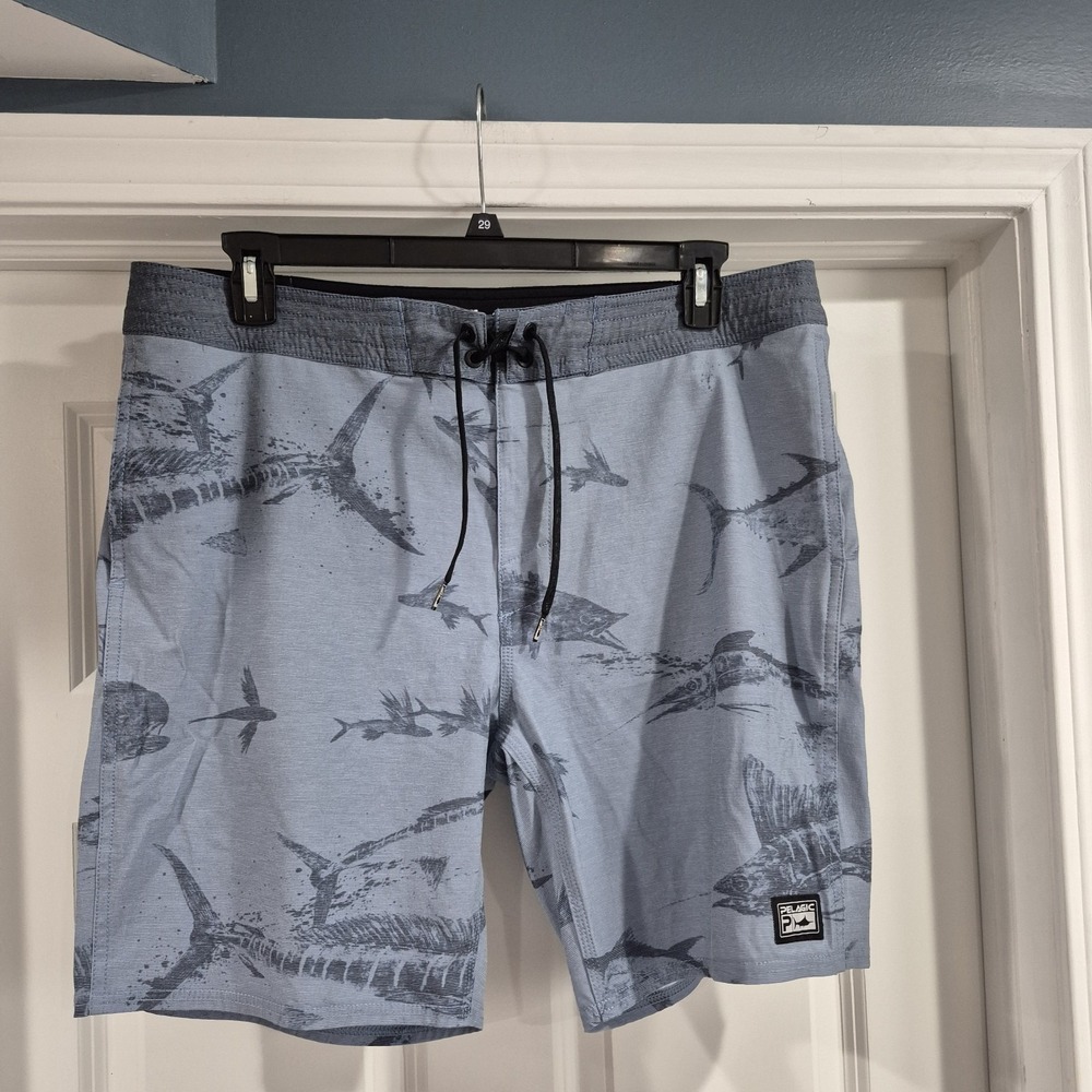 Pelagic Board Shorts Mens 36 Gray Blue Performance Fishing Swim‎ Trunks Marlin